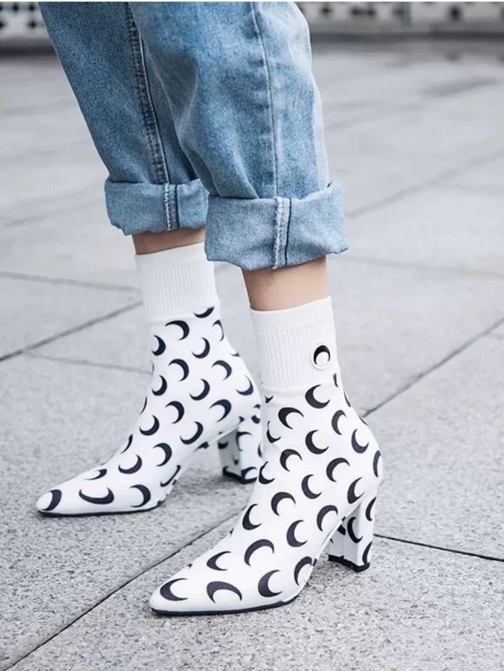 Marine Serre Moon Print Sock Boots White Black Heels EU 40, US 9 Celebrity Style